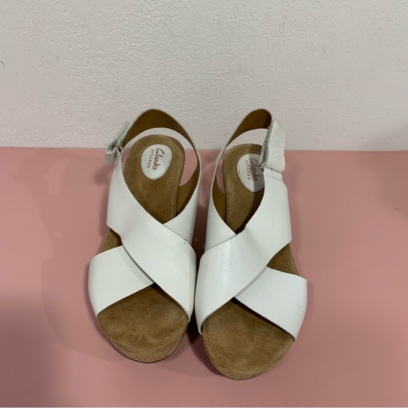 CLARKS White Leather Wedge Sandals Caslynn Shae Platform Summer Spring - Picture 5 of 11